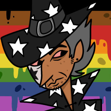 Cartoon icon of a grey-haired man dressed as a witch.