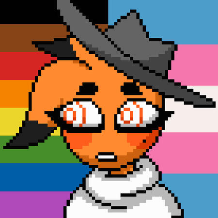 Pixel art icon of an orange alien with a cowboy hat.